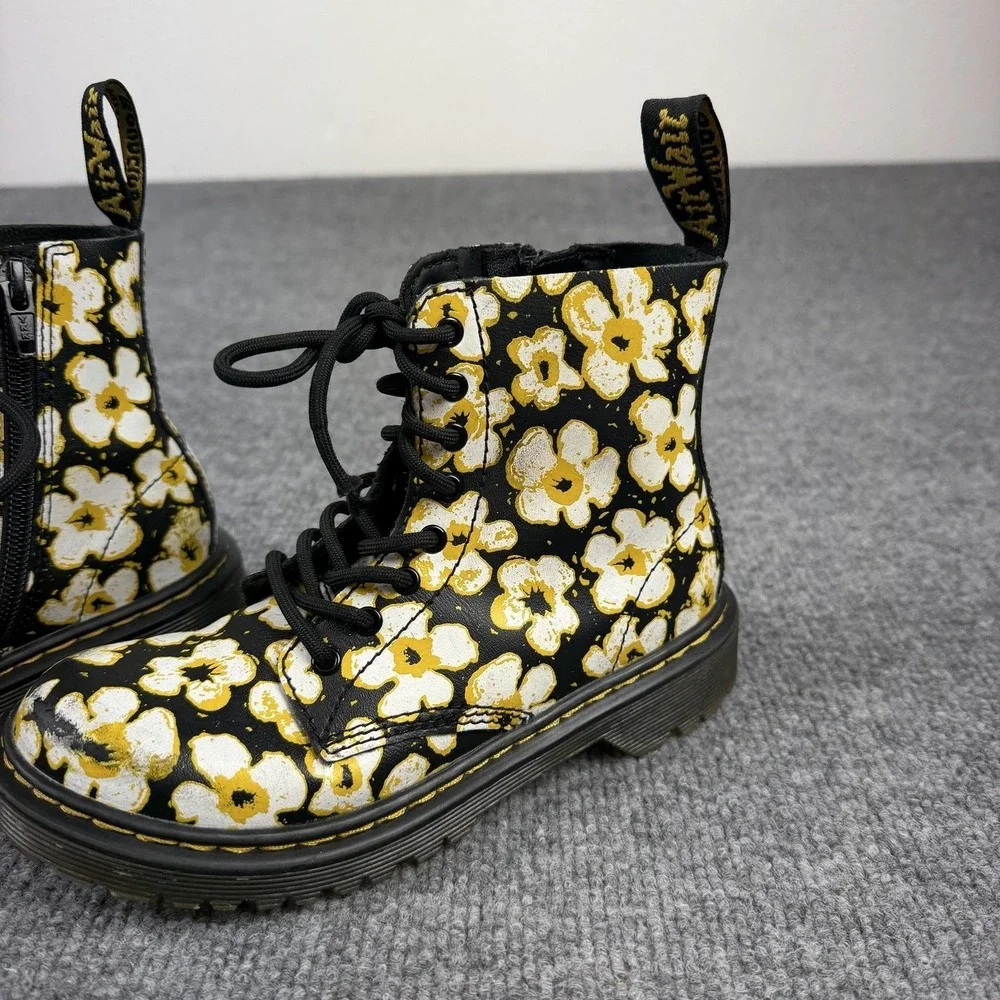 Dr. Martens Boots Kids 1 Black Floral 1460 Pascal J Combat Ankle Zip Lace Up